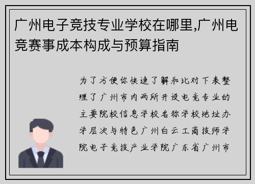 广州电子竞技专业学校在哪里,广州电竞赛事成本构成与预算指南